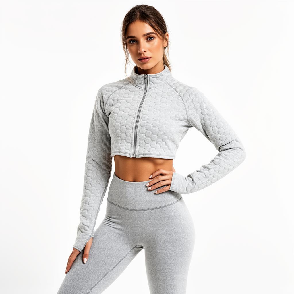Conjunto Fitness Feminino Jaqueta Cropped + Legging Textura 3D Colmeia